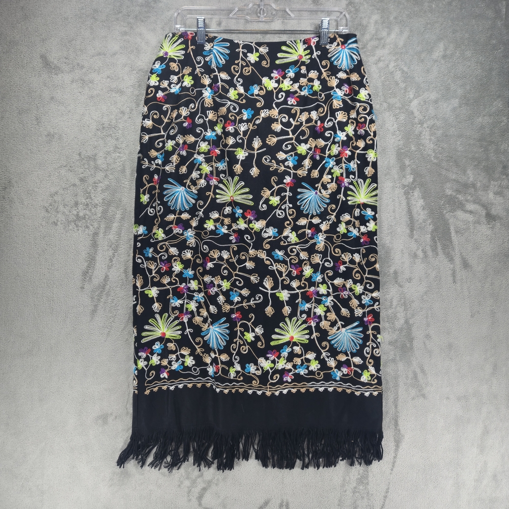 Intriguing Threads Women's Floral Embroidered Black Midi Skirt Sz 12 EUC